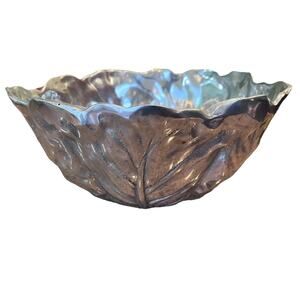 Vintage Cabbage Lettuce Leaf Large Pewter Embossed Bowl Polished Silver 12”